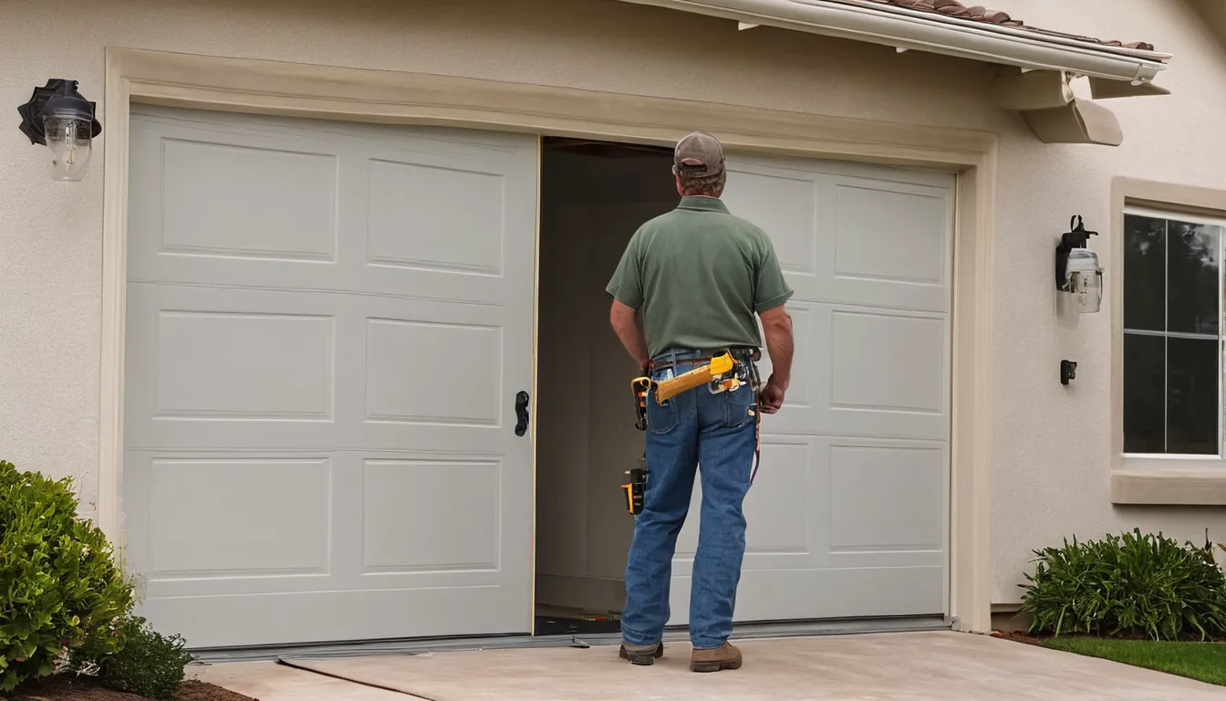 Independent provider fitting a new garage door on a stucco home in San Bernardino