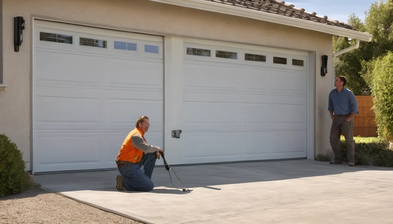 Independent garage door provider checking the track on a stucco ranch home in the San Bernardino area
