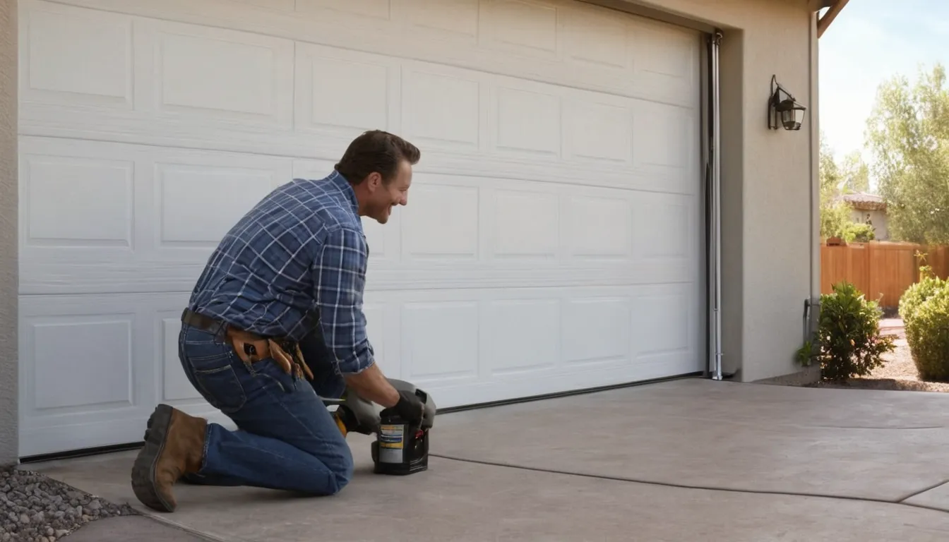 Independent garage door provider inspecting a spring above a garage door at a stucco home in San Bernardino